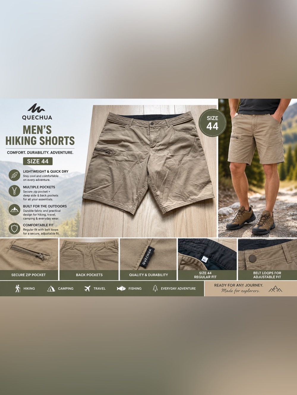 Quechua Men’s Hiking Shorts Size 44 Khaki Outdoor Travel Utility Shorts